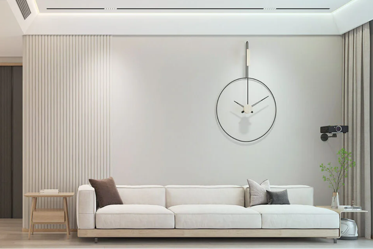 Goldberg Home recessed ceiling downlights in a pristine minimalist Singapore condo living room with LED cove and slatted wall panel