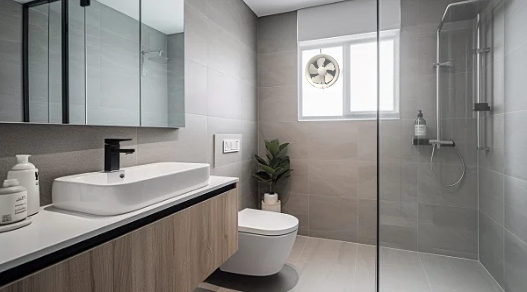 Goldberg Home bathroom exhaust fan grey HDB Singapore contemporary oak vanity vessel sink glass shower ventilation