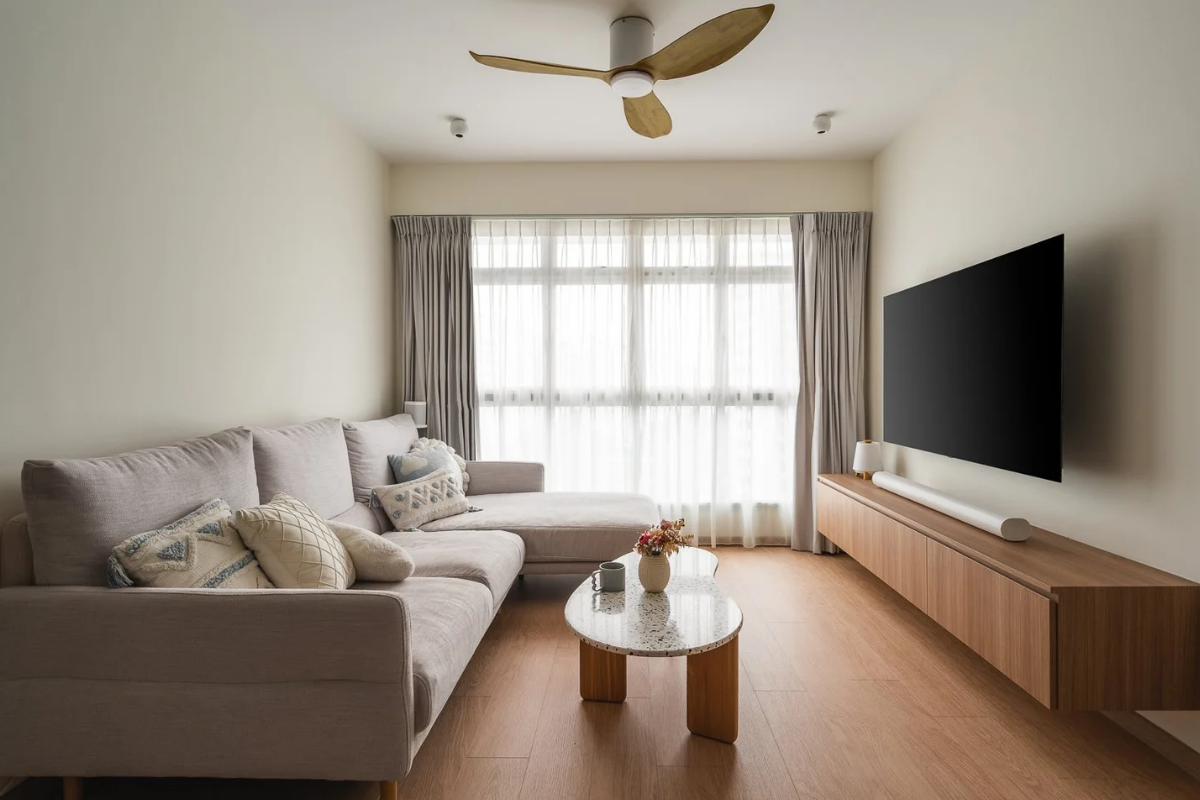 Goldberg Home wood ceiling fan HDB living room Singapore Japandi oak console linen sofa warm neutral interior