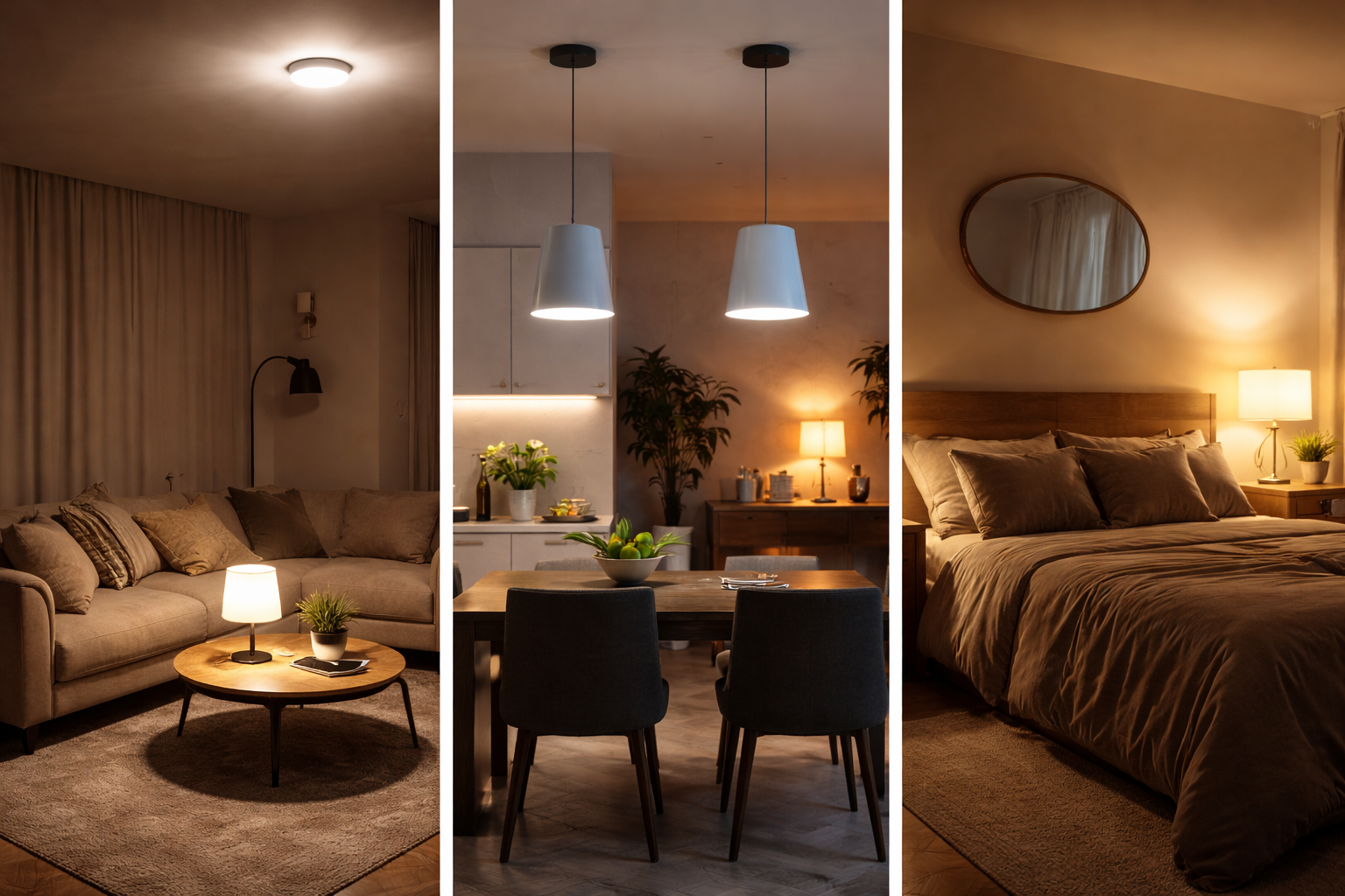 Goldberg Home warm white lighting across Singapore HDB living room, dining pendant, and cosy bedroom — ambient home illumination