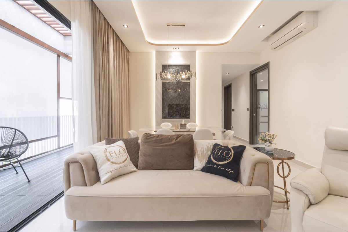 Goldberg Home LED cove ceiling and chandelier lighting in a pristine luxury Singapore condo living and dining room