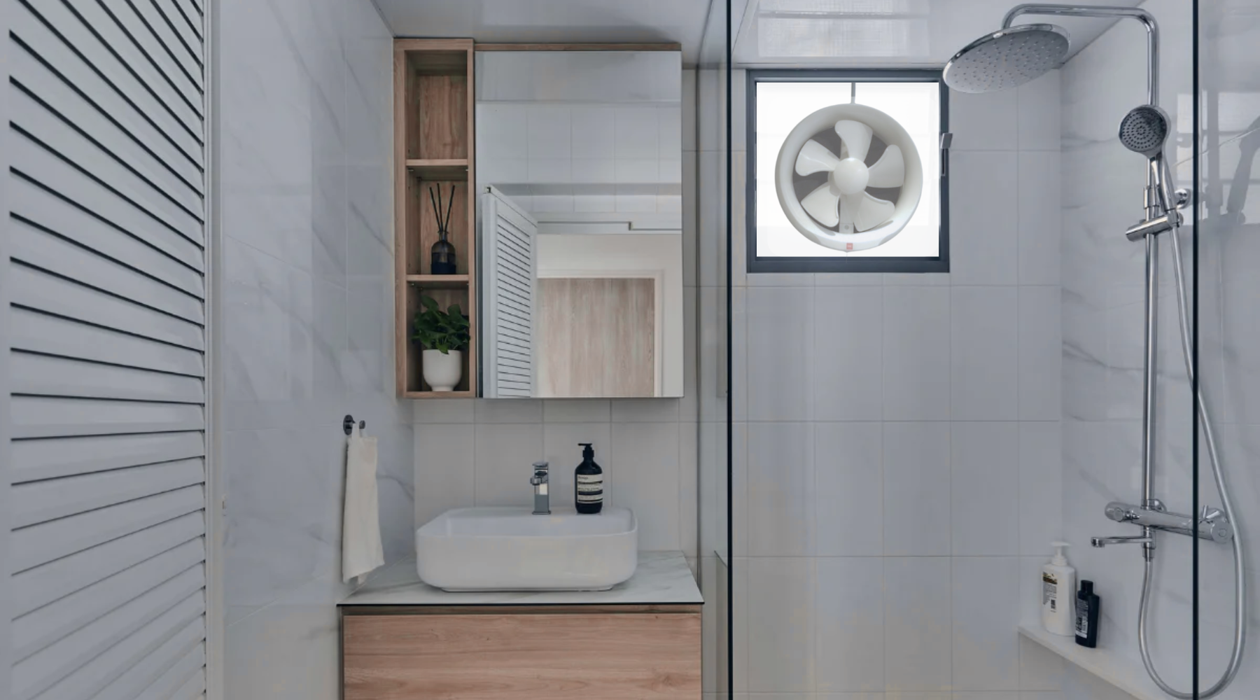 Goldberg Home bathroom exhaust fan HDB window Japandi oak vanity glass shower Singapore ventilation installation