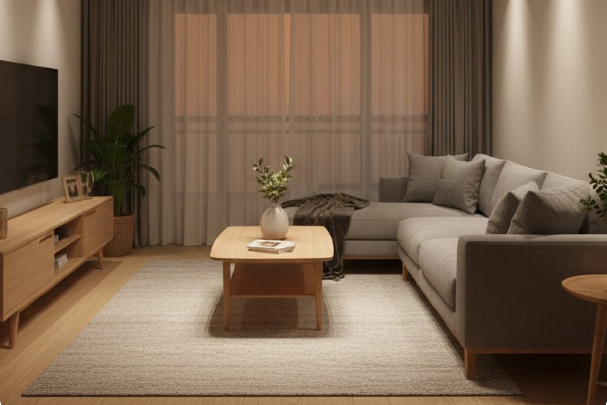 Goldberg Home downlight seamlessly installed on HDB living room ceiling, soft ambient Singapore home lighting