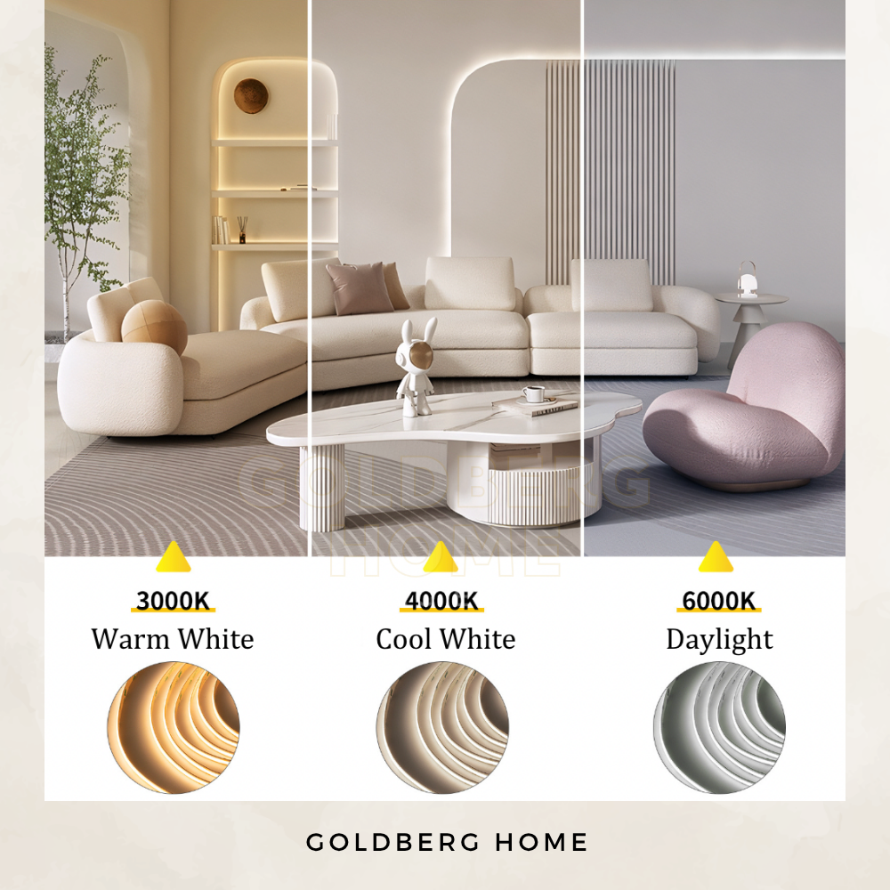 24V COB LED strip features in 3000K warm white, 4000K cool white, and 6000K daylight by Goldberg Home.