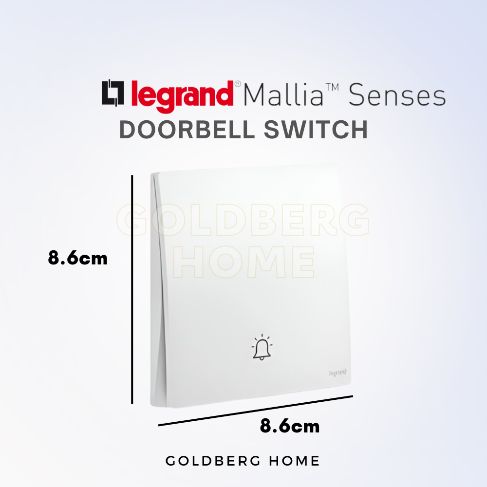 Technical dimensions and mounting plate measurements for Legrand Mallia Senses door bell by Goldberg Home.