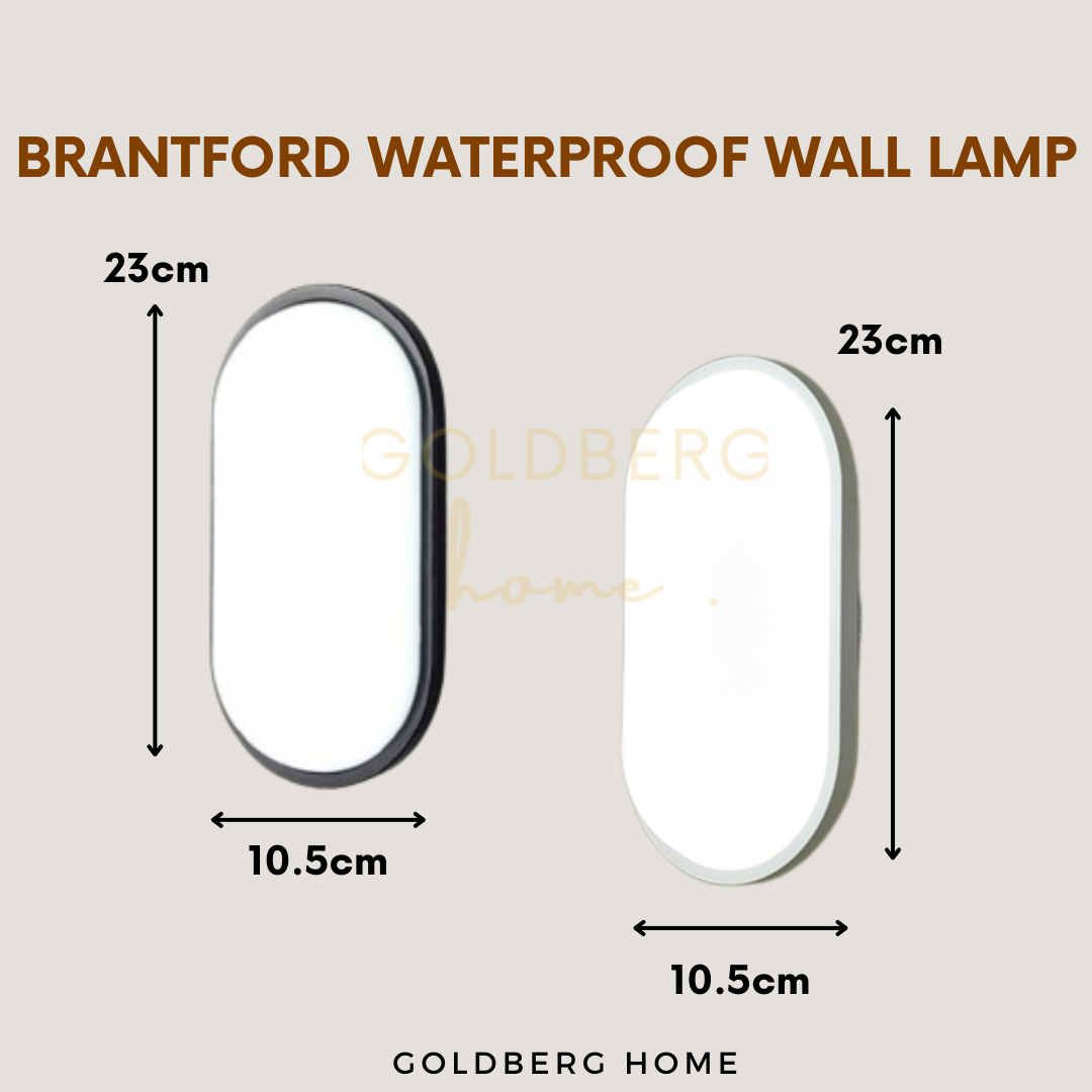 Size, wattage, and IP65 rating details for Goldberg Home Brantford outdoor lamp.