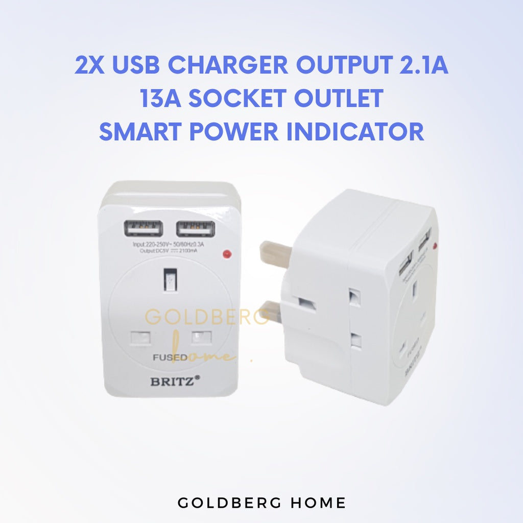 Front and back pin layout view of Britz's Way 3-pin wall adapter with USB Type-A charging by Goldberg Home.
