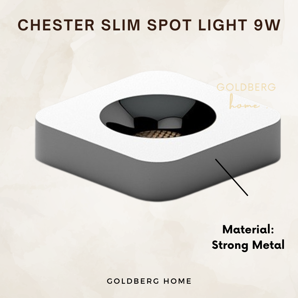 High-efficiency LED chip and slim housing details of the Chester 9W spotlight.