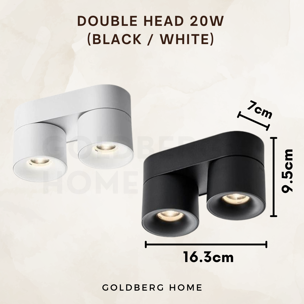Specs for Dutti Double Head 20W surface spotlight. Goldberg Home guide for bright SG corridor lighting.