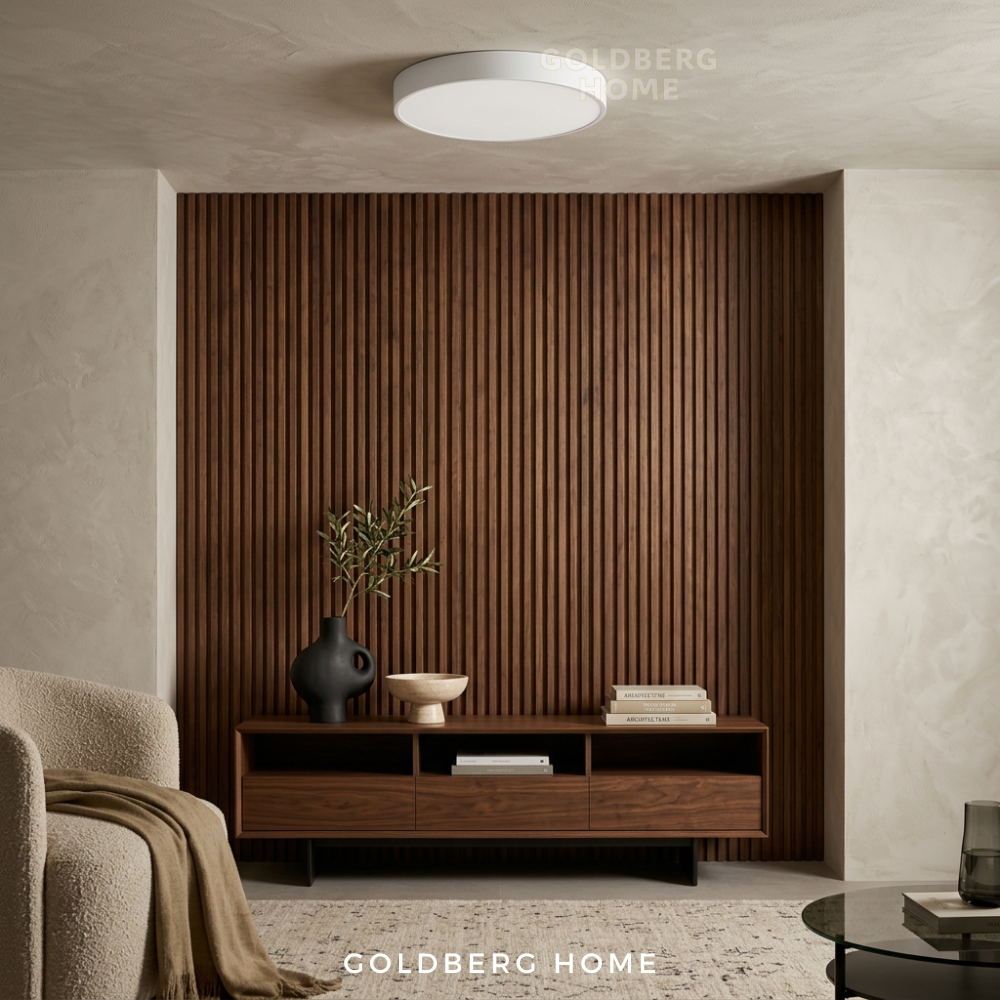 Goldberg Home Edinburgh Premium white LED ceiling light in modern Singapore BTO living room.