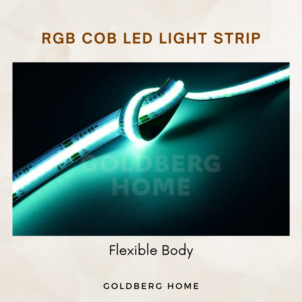 Flexible 24V RGB COB LED strip easily bends around corners for feature walls by Goldberg Home.
