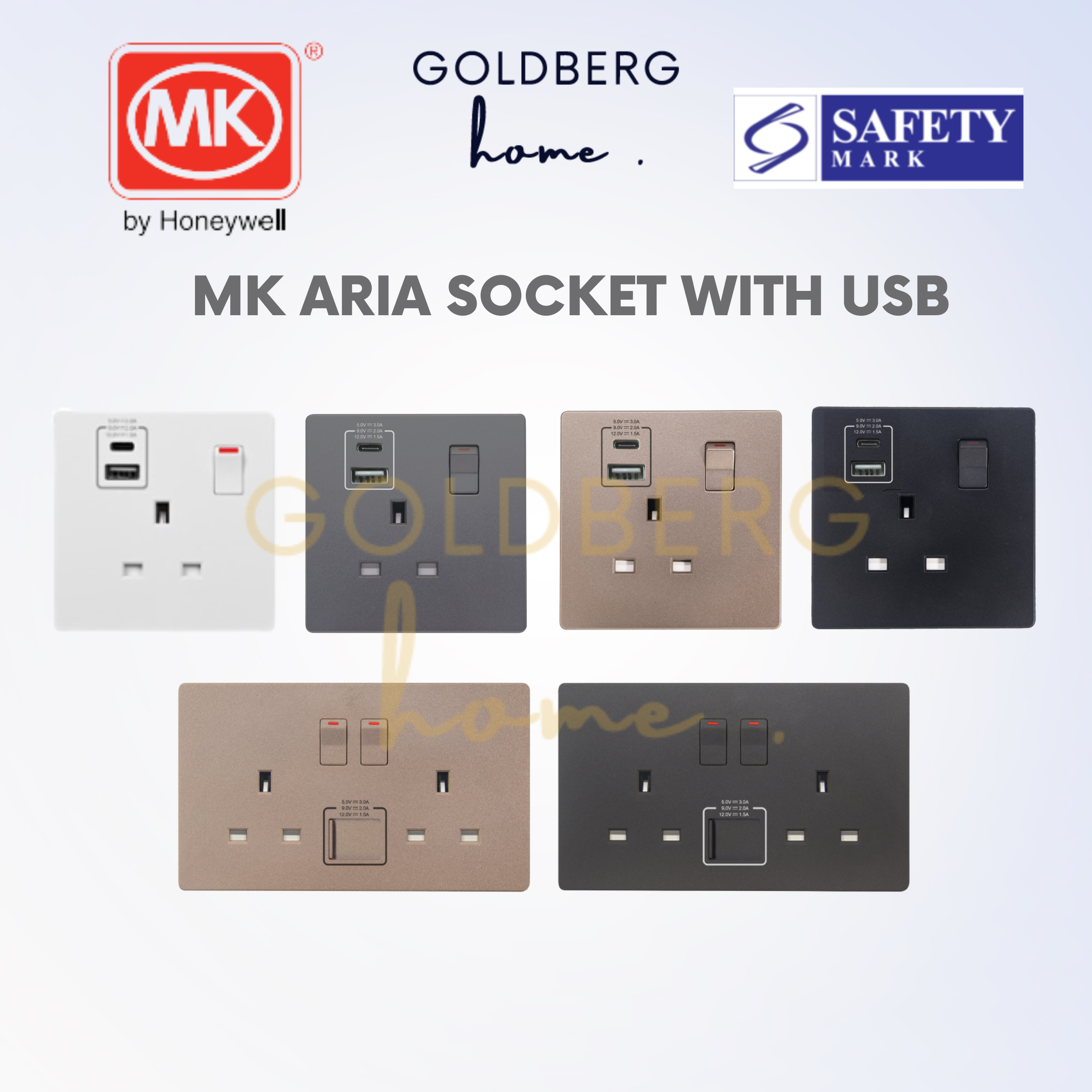 MK Aria switch socket with integrated USB charging ports by Goldberg Home Singapore.