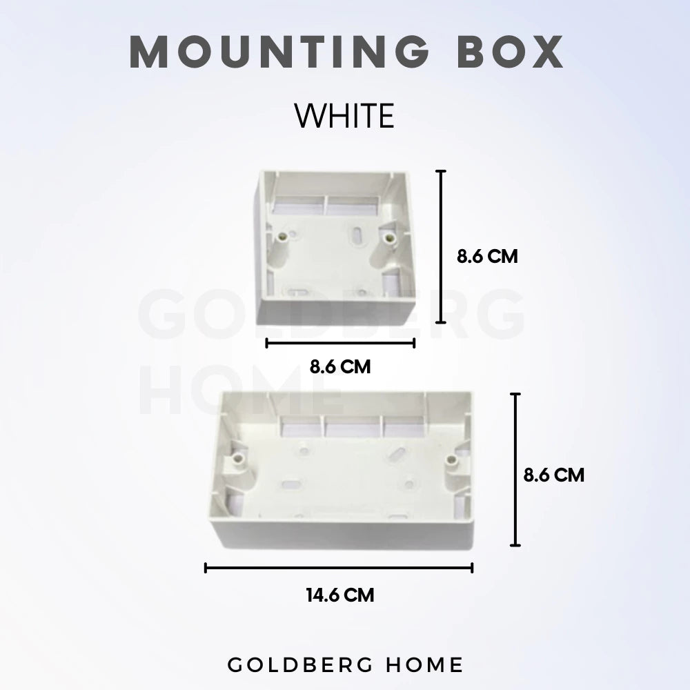 White 1-gang and 2-gang surface mounting box dimensions from Goldberg Home, compatible with Schneider and Legrand switches.