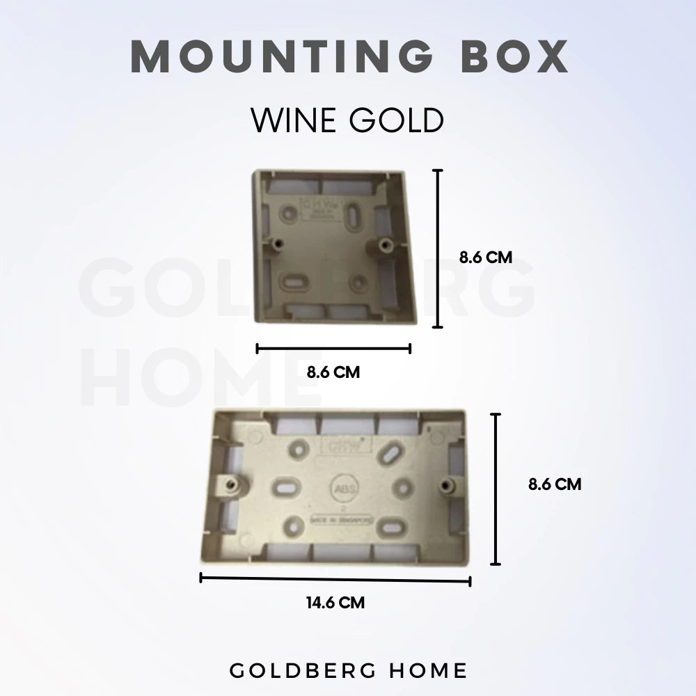 Wine gold 1-gang and 2-gang surface mounting box dimensions from Goldberg Home, compatible with Schneider and Legrand switches.