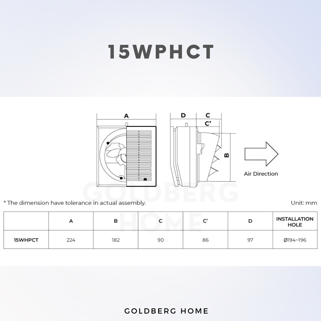 Technical specs for KDK 15WHPCT: 194-196mm installation hole, fits glass thickness 3mm-7mm.