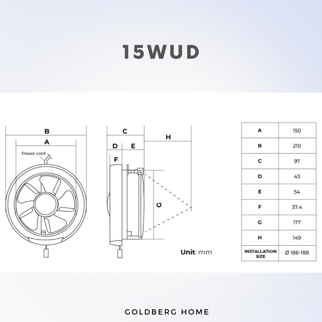 Technical specs for KDK 15WUD: 186mm to 188mm glass hole diameter, fits 3mm-7mm glass thickness.