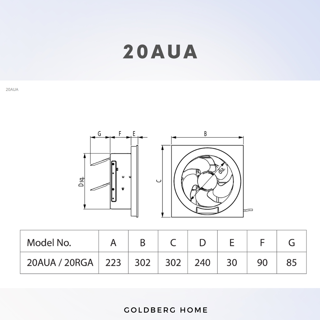 echnical specs for KDK 20AUA: 250mm x 250mm installation hole, 590 CMH airflow, 18W power.