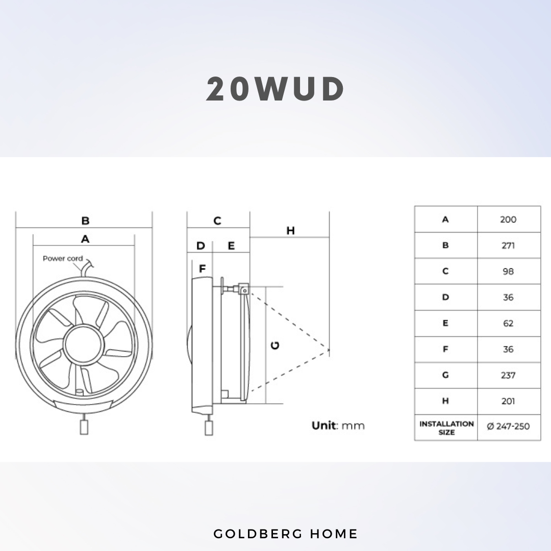Dimensions and glass cutout measurement guide for KDK 15WUD and 20WUD exhaust fans at Goldberg Home.
