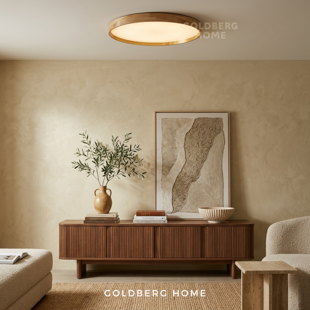 Goldberg Home Kobe real wood LED ceiling light installed in modern Muji Japandi living room interior.