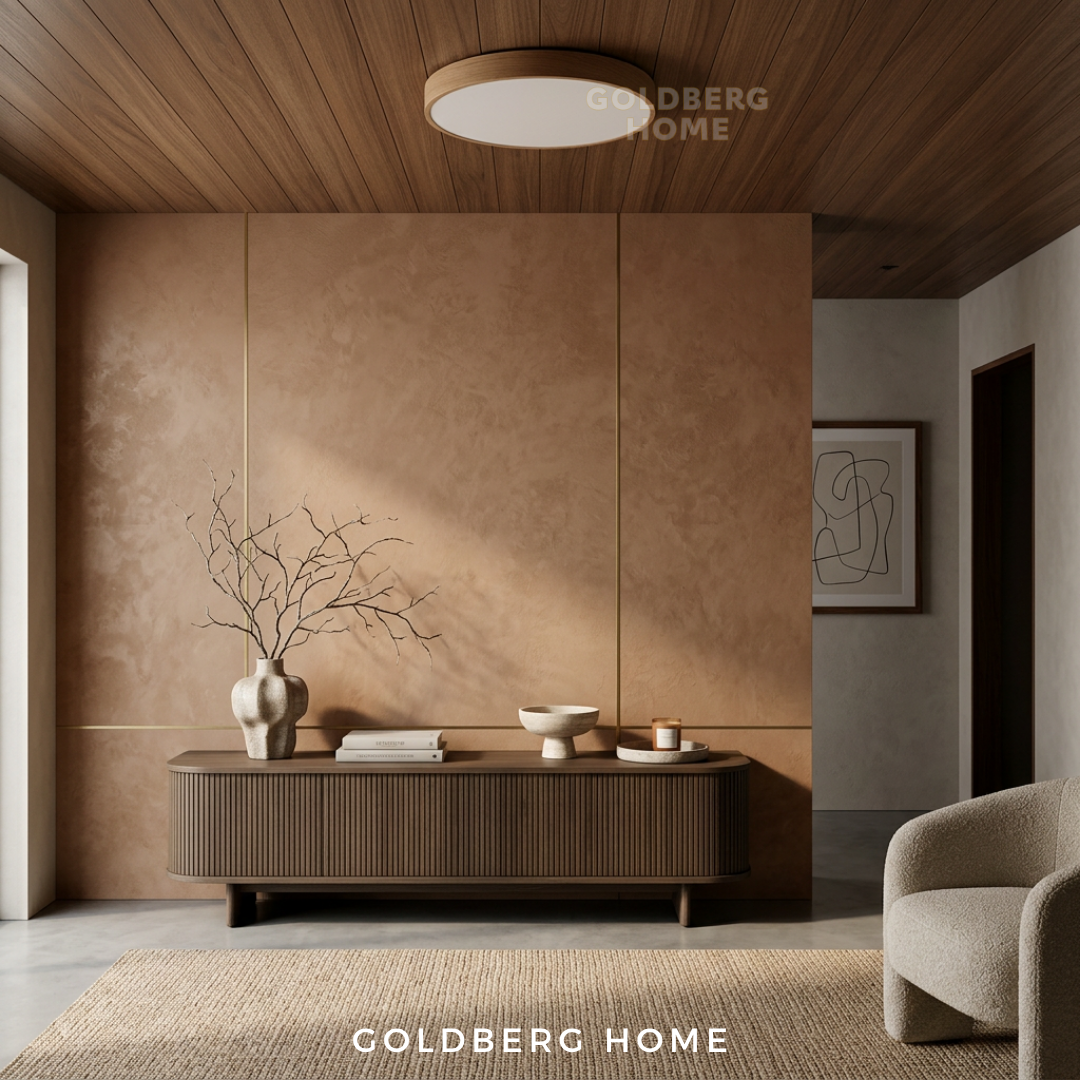 Goldberg Home Laminate Full Wood LED ceiling light installed in modern Japanese Japandi interior living room.