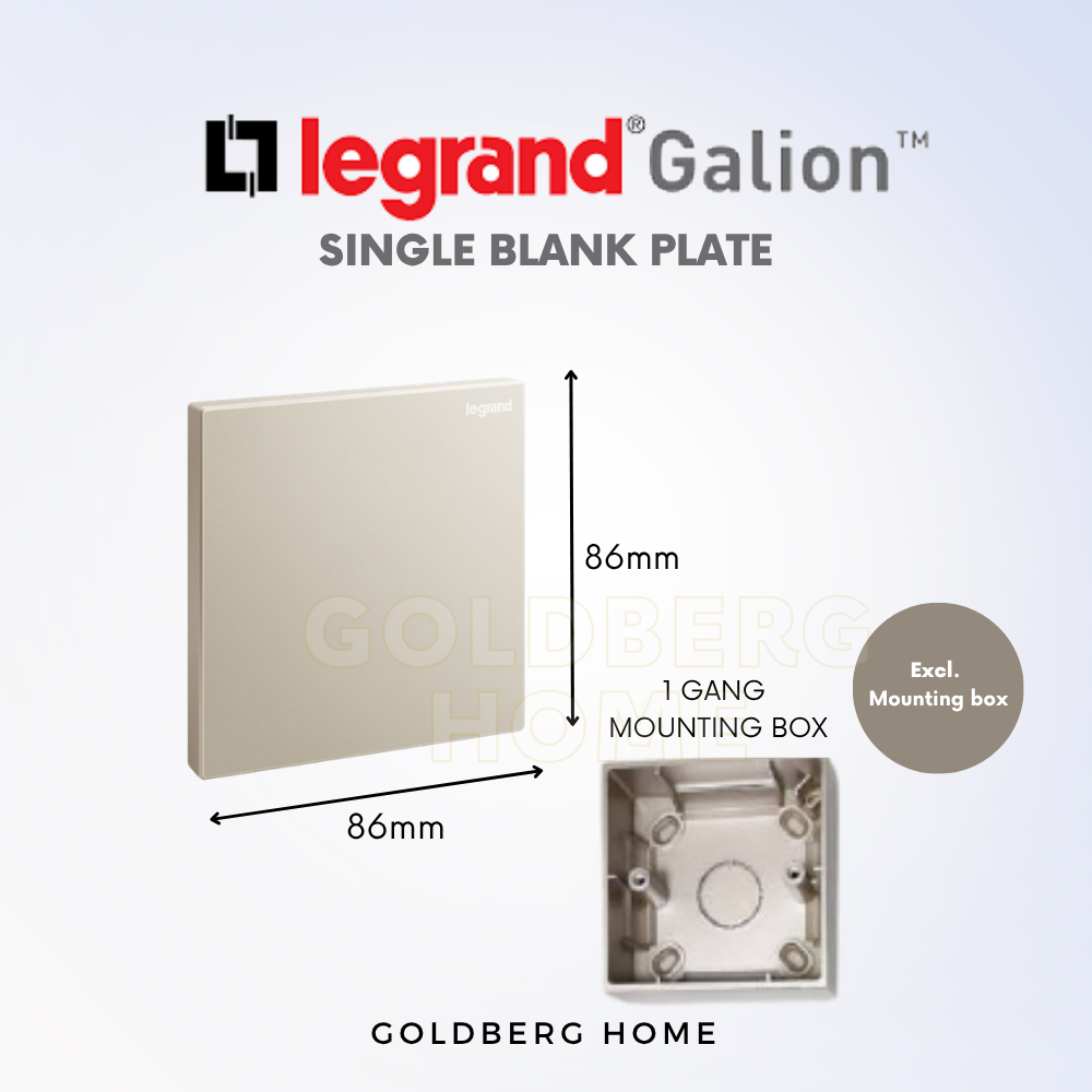 Dimensions 86mm x 88mm for Legrand Galion 1-gang single blank plate from Goldberg Home SG.