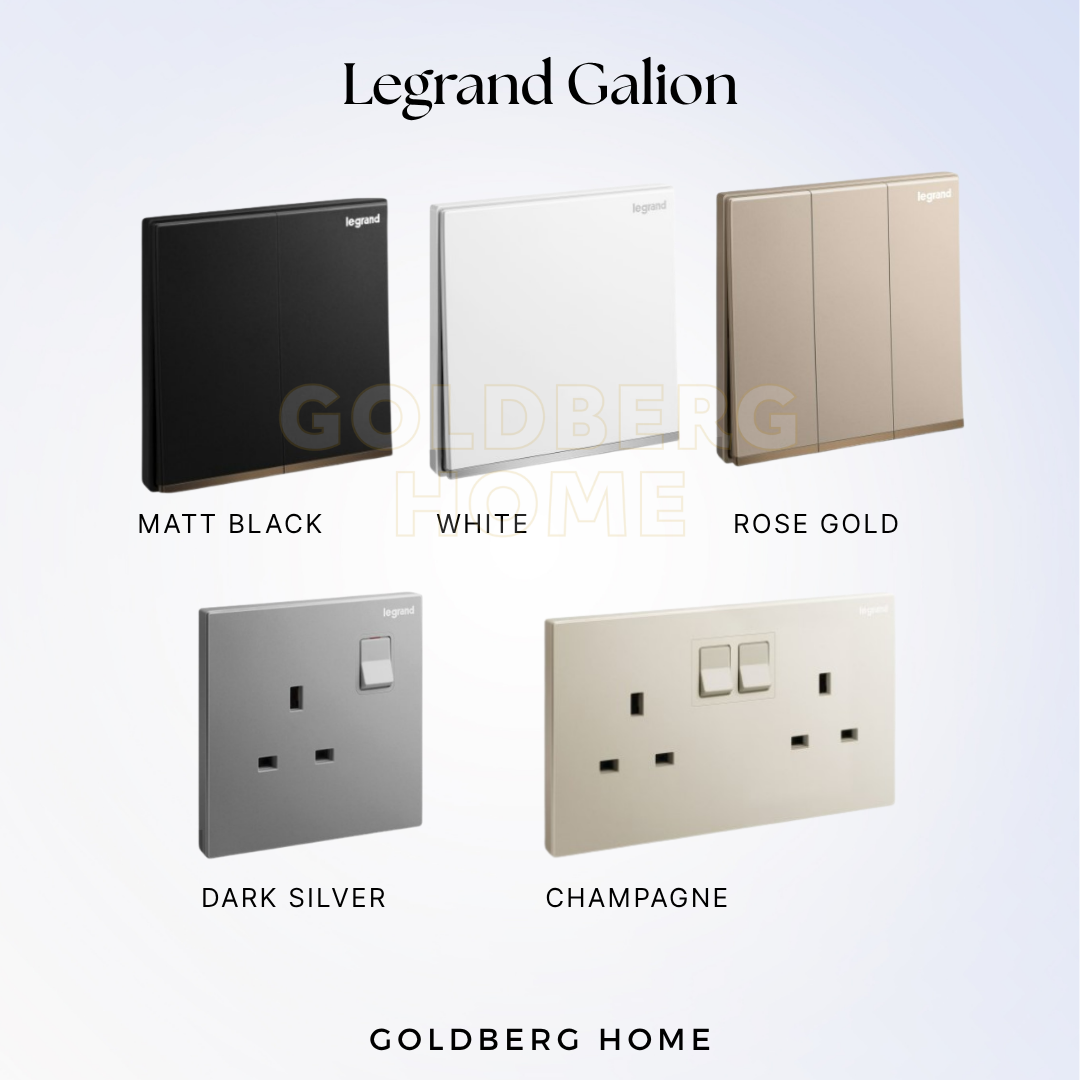 Goldberg Home Legrand Galion switches and sockets shown in Champagne, White, Rose Gold, Matt Black, and Dark Silver finishes.