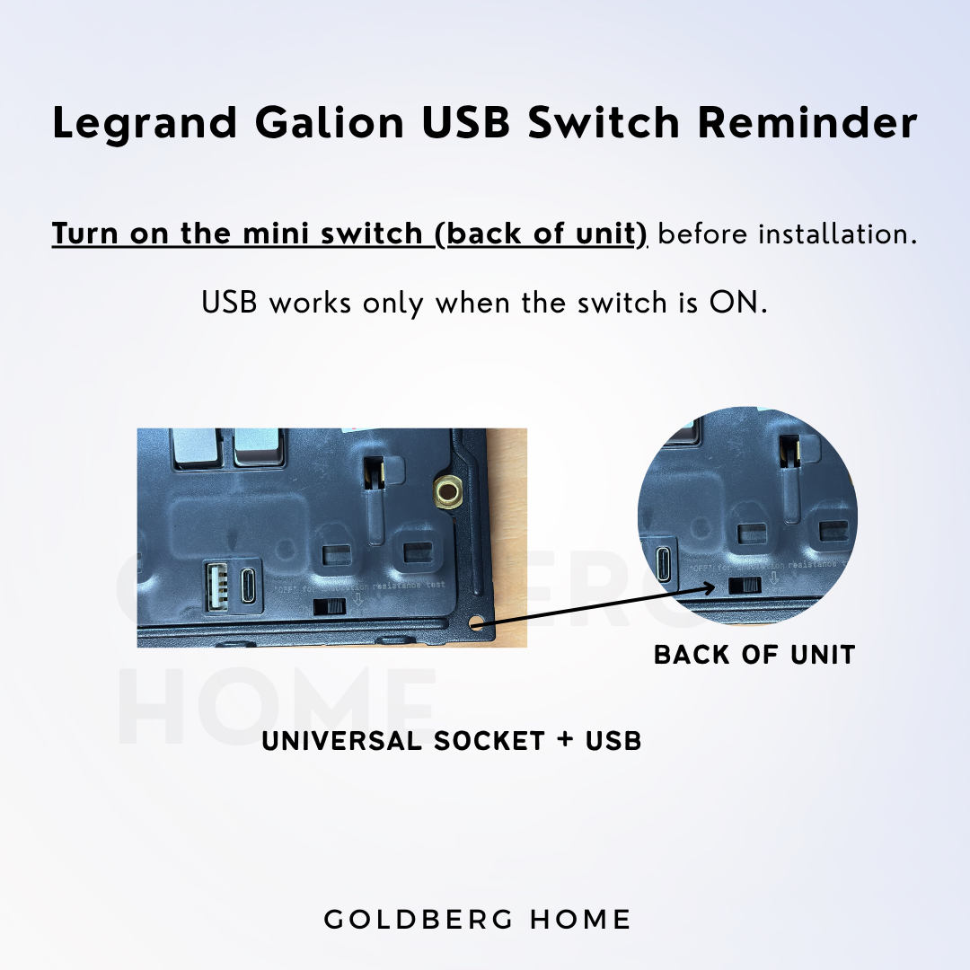 Legrand Galion dark silver socket with dedicated safety toggle switch for integrated USB charging ports.