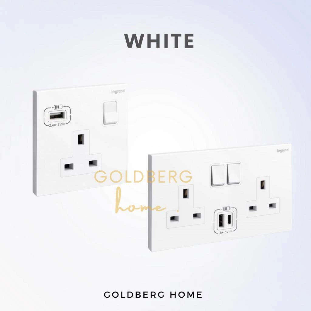 Goldberg Home Legrand Galion wall socket with USB ports in white finish for Singapore home charging needs.