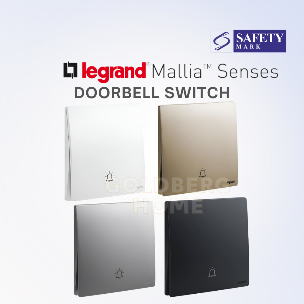 Four Legrand Malland Senses doorbell switch faceplates shown in white, champagne gold, silver, and black, arranged in a 2x2 grid on a light gray background with Legrand and Safety Mark branding.