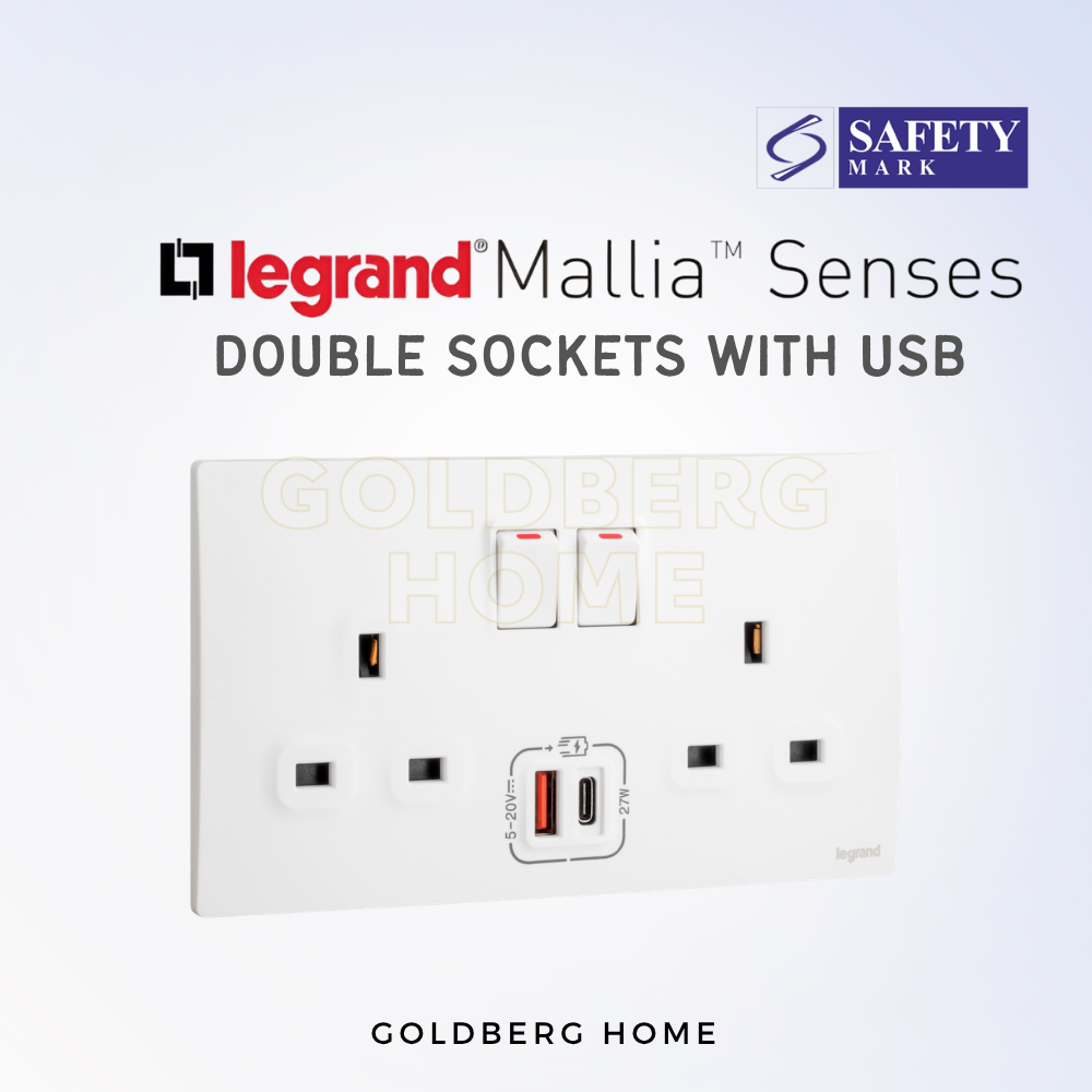 Legrand Mallia Senses 2-gang double power socket with USB for Singapore homes, via Goldberg Home.