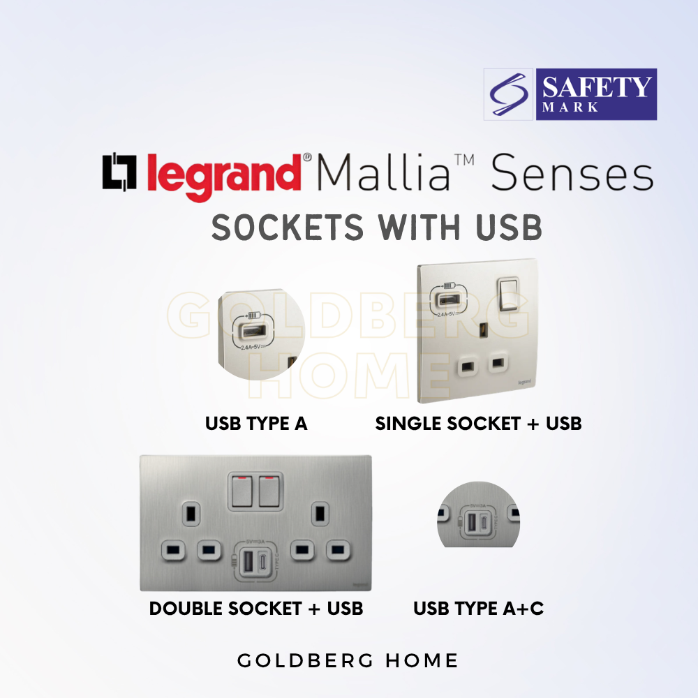 Integrated USB charging port feature on Legrand Mallia Senses wall sockets at Goldberg Home.