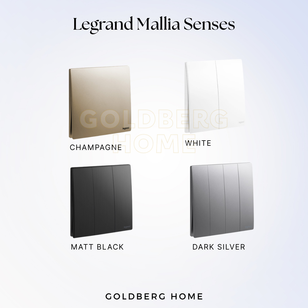 Goldberg Home Legrand Mallia Senses switches shown in Champagne, White, Matt Black, and Dark Silver finishes.