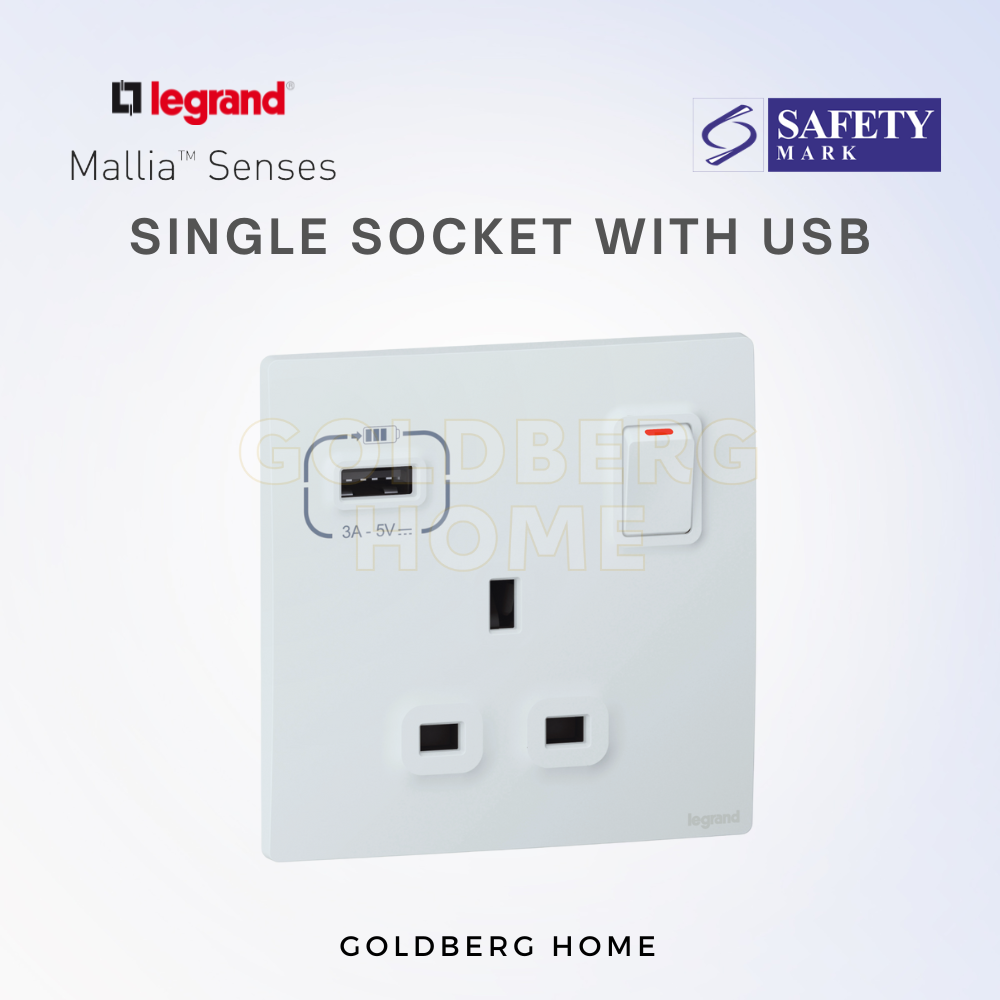 Legrand Mallia Senses Matt Black socket with USB A+C ports by Goldberg Home. Modern fast-charging for SG homes. 281112MW