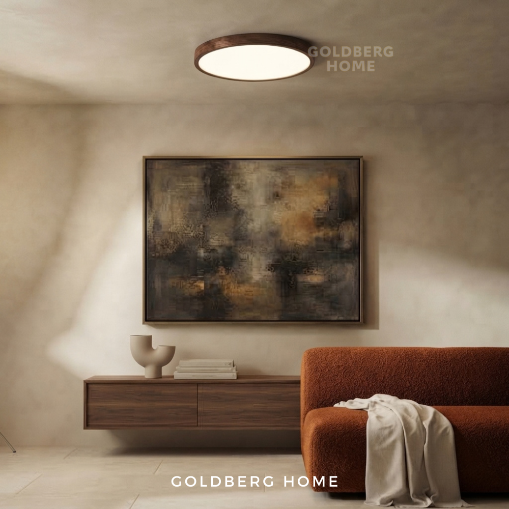 Goldberg Home Mahogany real dark wood LED ceiling light installed in modern living room interior.