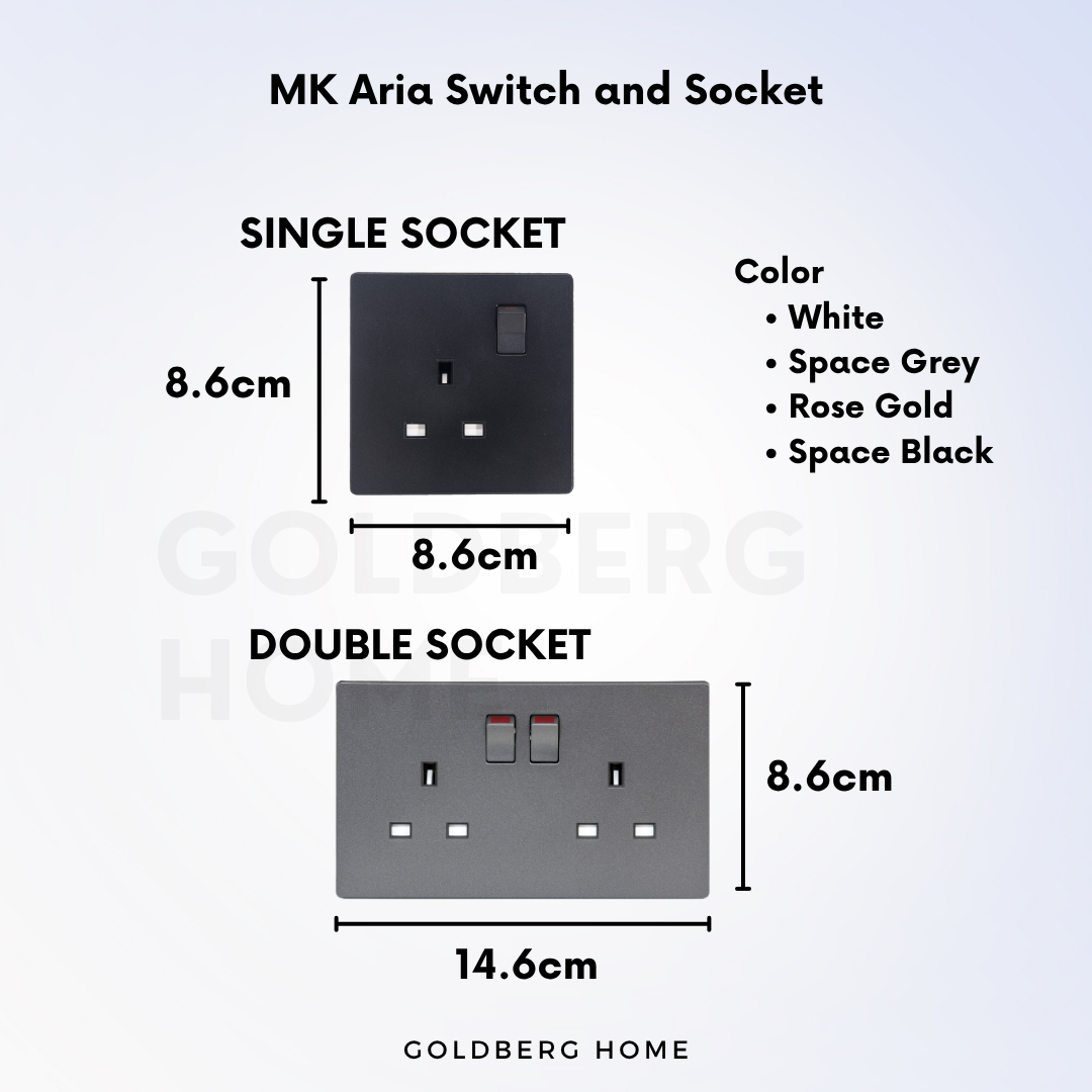 MK Honeywell Aria single 86mm and double 146mm socket specs for SG wall box fit by Goldberg Home.