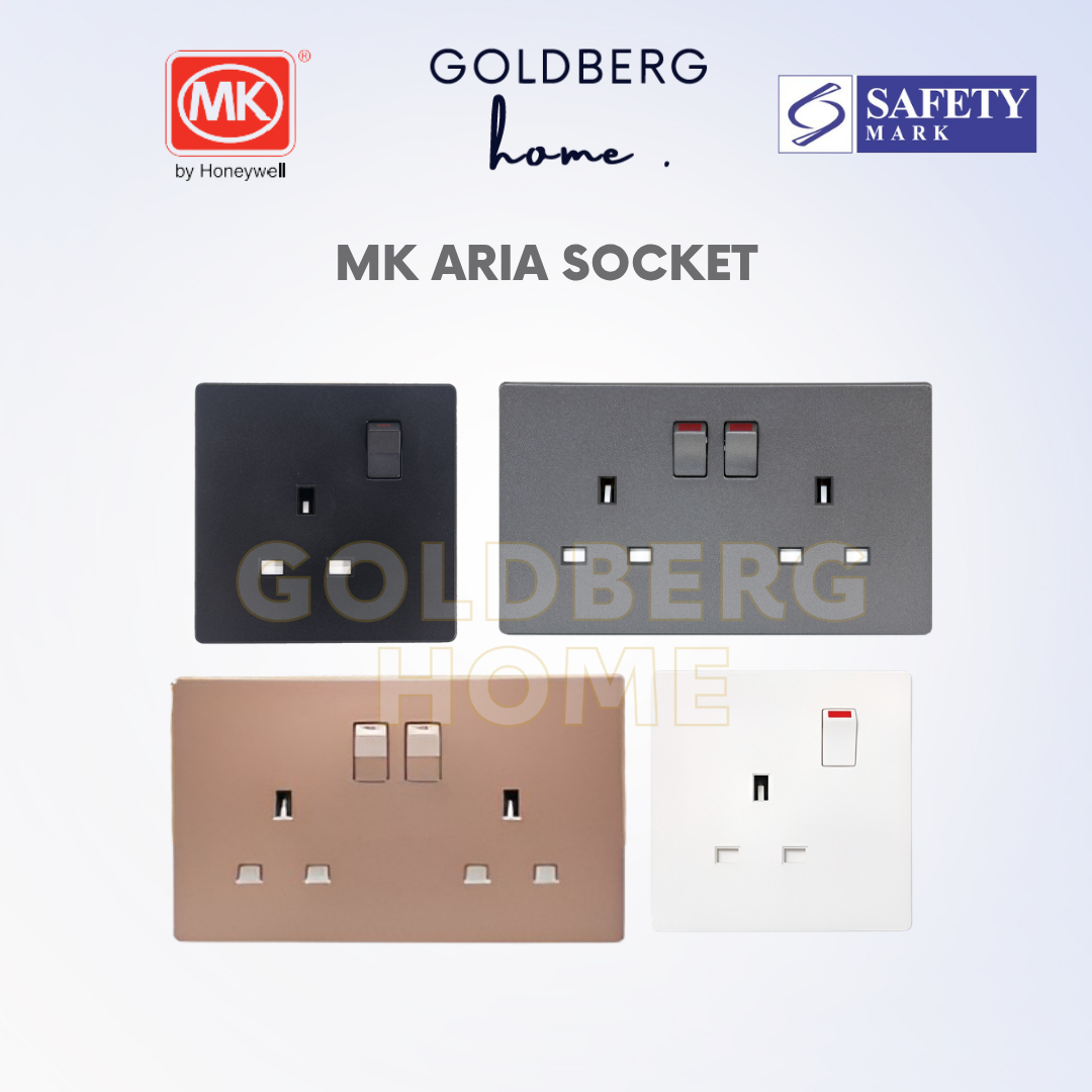 MK Honeywell Aria sockets in black, space grey, rose gold, and white by Goldberg Home Singapore.