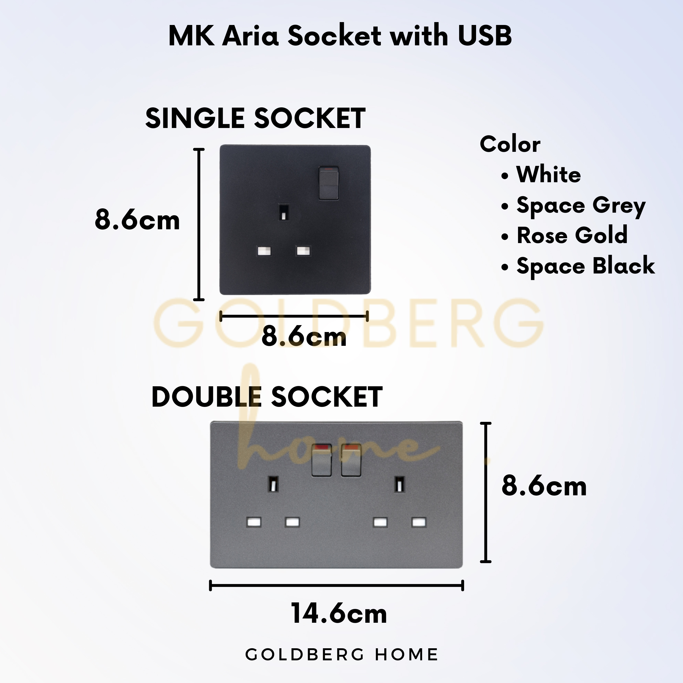 Technical dimensions and depth requirements for MK Aria USB wall sockets.