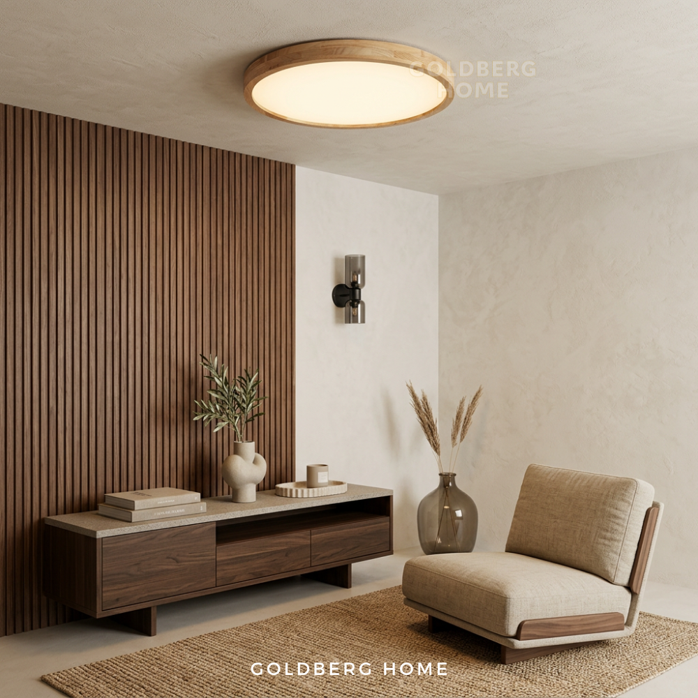 Goldberg Home Mozu real wood LED ceiling light installed in modern Japandi living room interior.