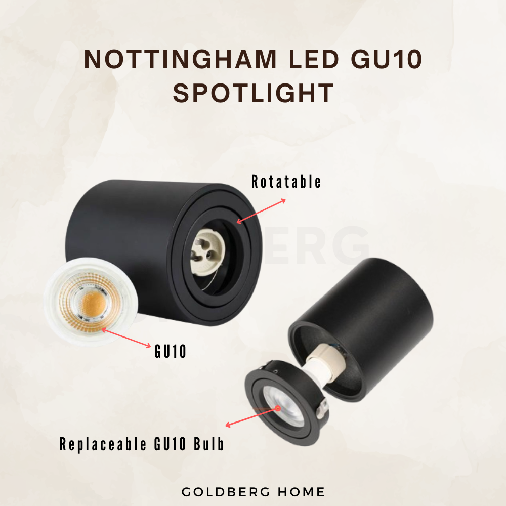 Close-up of Nottingham spotlight 360-degree swivel and easy-change GU10 LED bulb. Goldberg Home quality.
