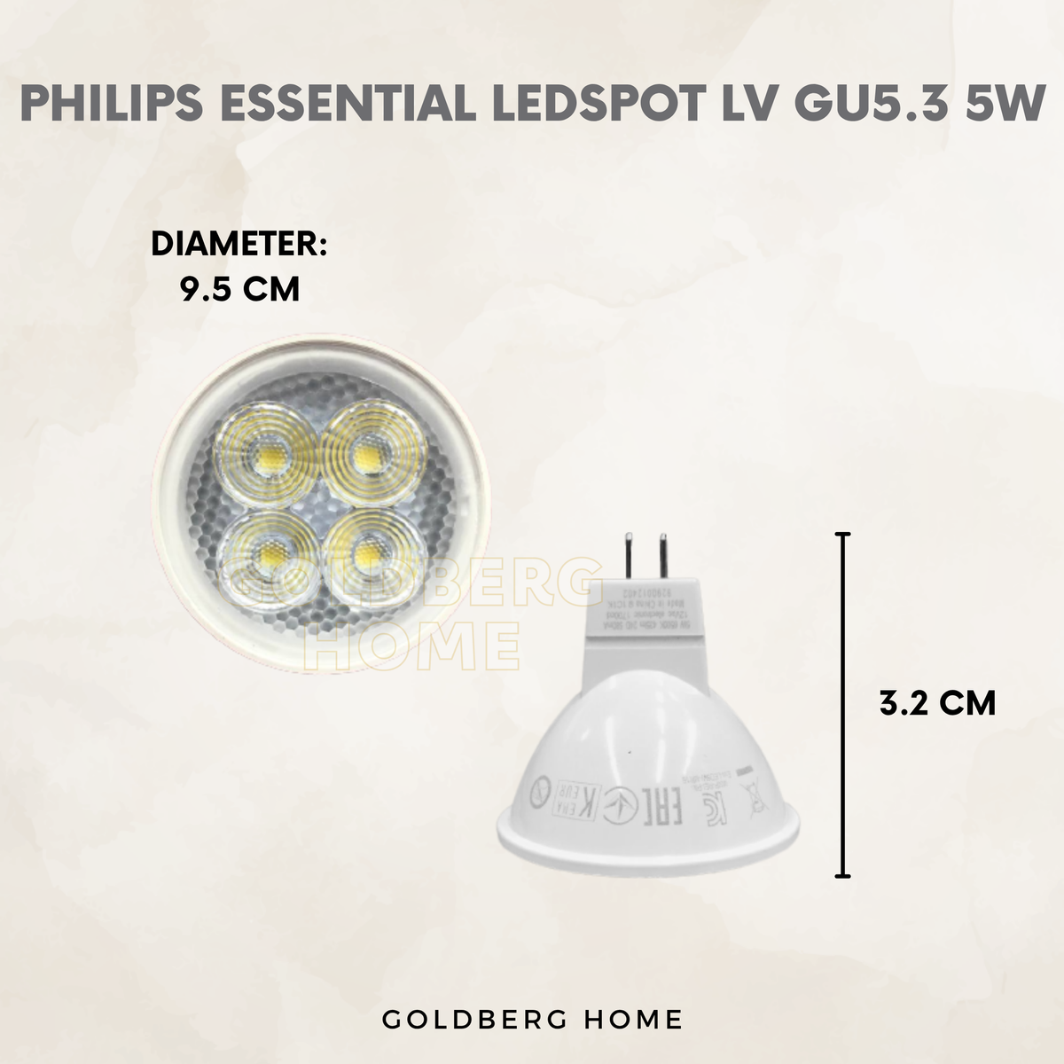 Philips GU5.3 5W LEDSpot LV 3.2cm size specs for SG standard spotlight fixtures by Goldberg Home.