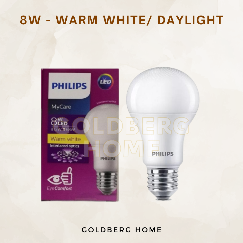 8W Philips MyCare E27 Warm White Daylight LED. Goldberg Home EyeComfort bulb for bedside lamps in SG homes.