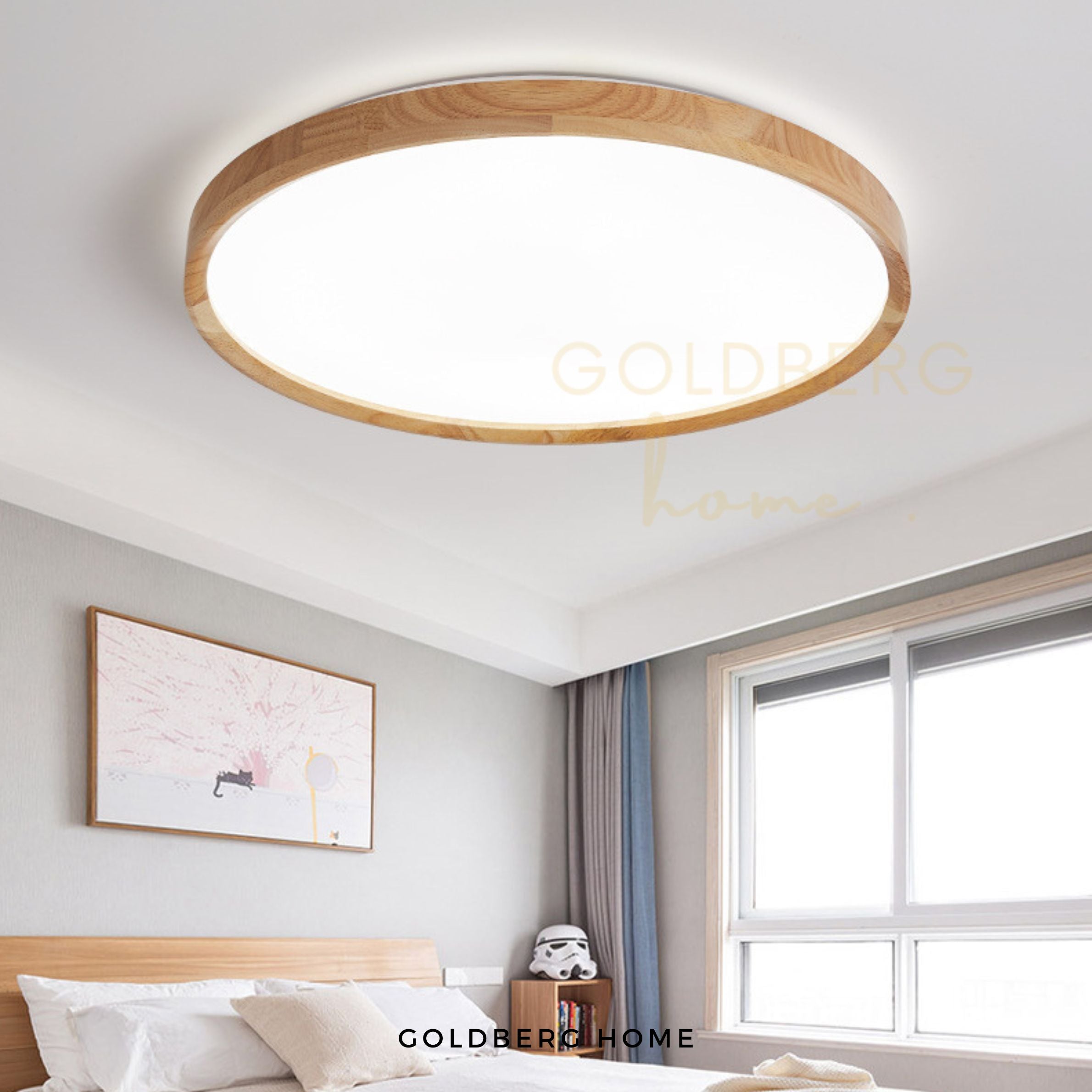 Goldberg Kobe real wood ceiling light in 3-tone LED installed in a Scandinavian-style Singapore BTO master bedroom.