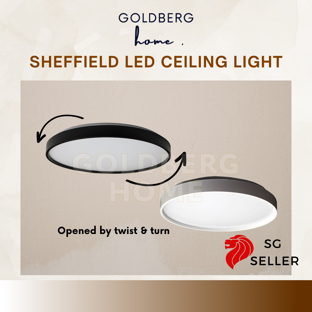 Goldberg Home Sheffield LED ceiling light in Black and White finishes, 36W to 48W for bright Singapore homes.