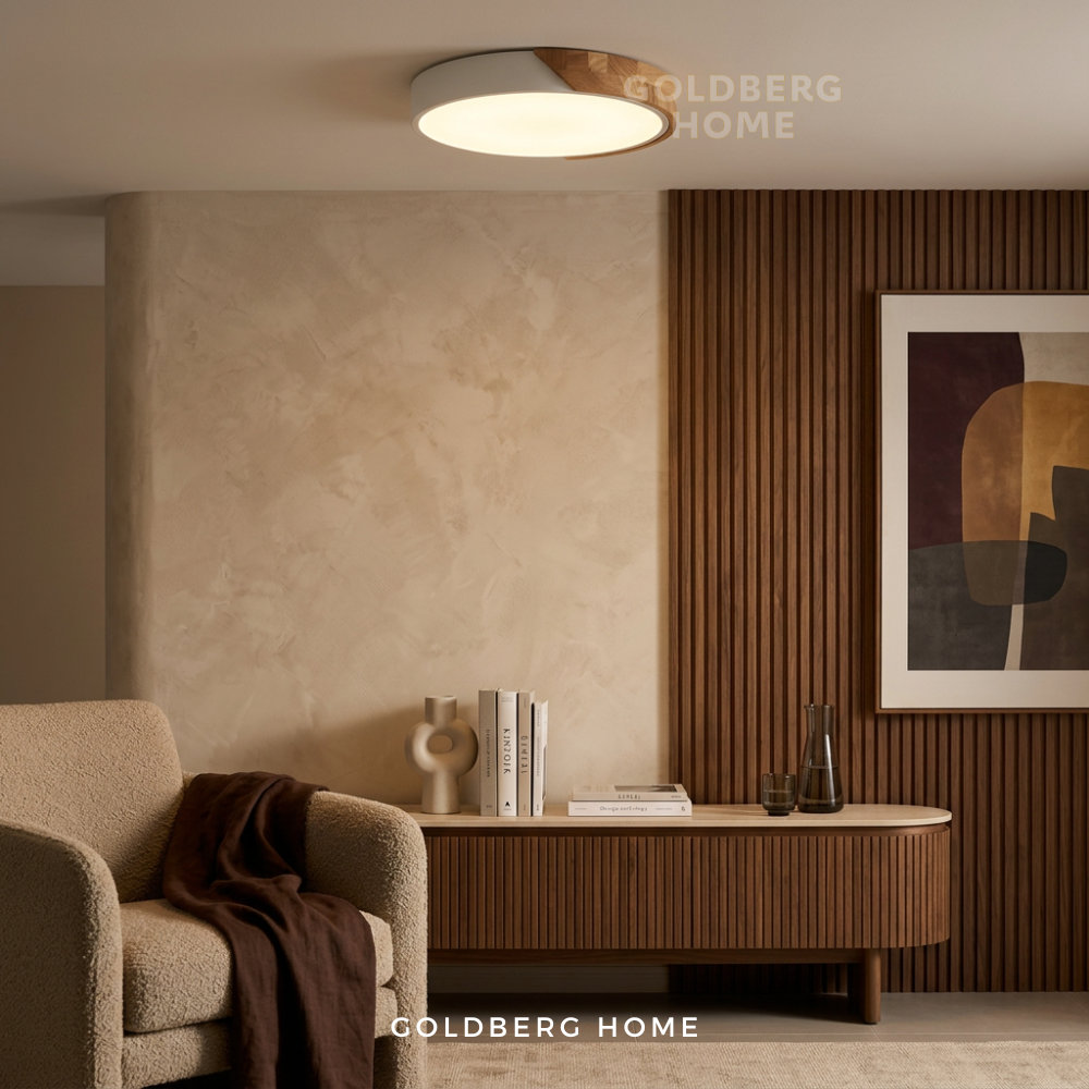 Goldberg Home Tami Nordic white wood frame LED ceiling light installed in modern Scandi living room interior.