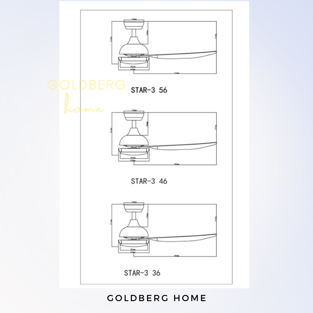 Sizes of Bestar Star-3 Ceiling Fan | Ceiling Fan with LED Light | Goldberg Home SG