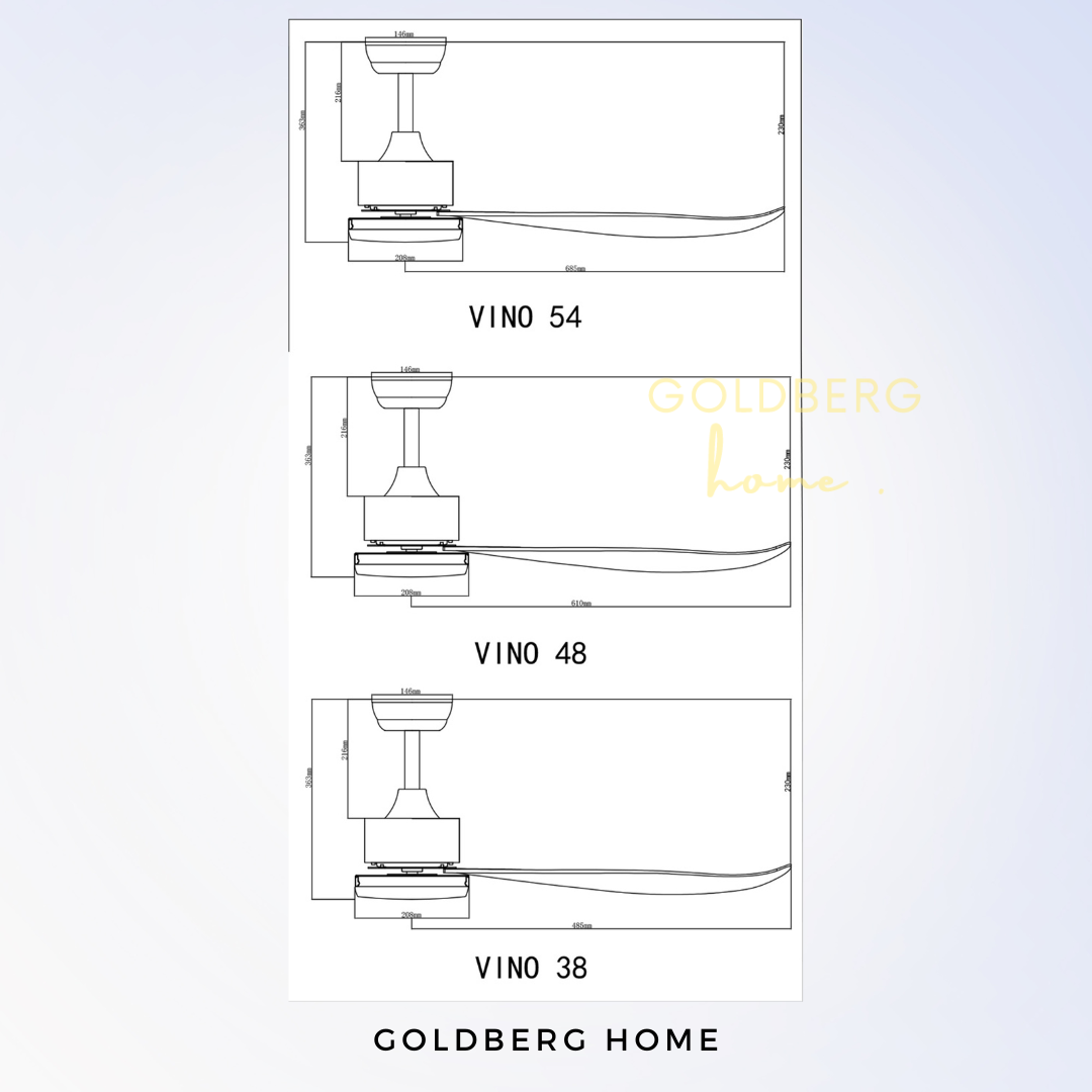 Sizes of Vino 5 Blades DC Ceiling Fan for SG HDB Condo Landed | Ceiling Fan with Light | Goldberg Home SG