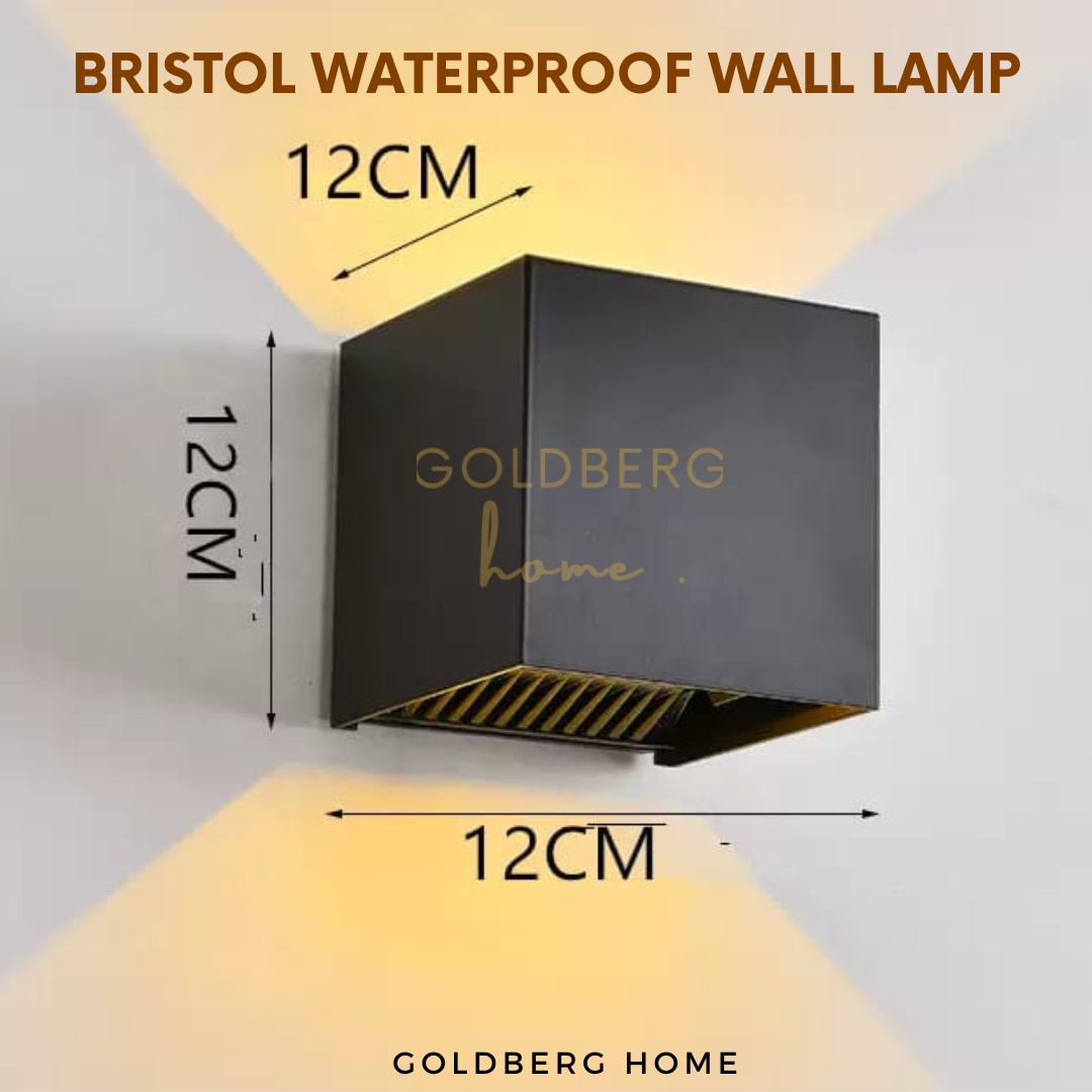 Mounting dimensions and technical specs for Bristol adjustable outdoor lamp.