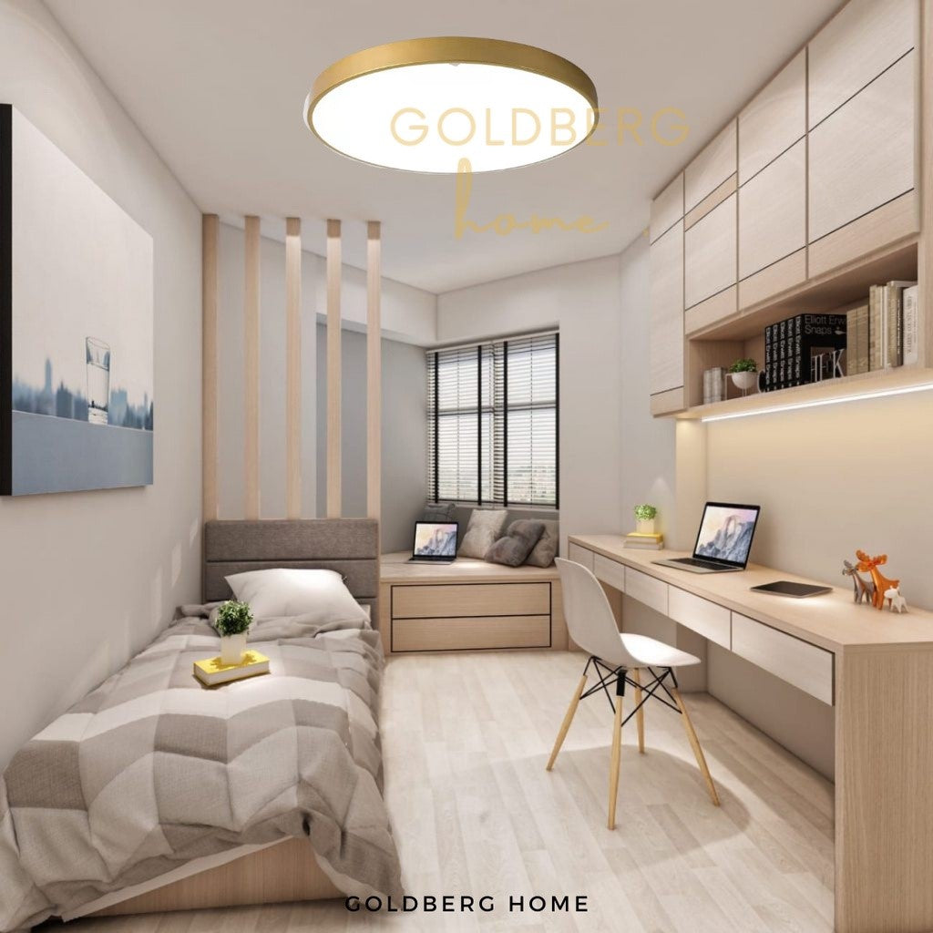 Warm ambient lighting from the Edinburgh gold series in a Singaporean master bedroom.