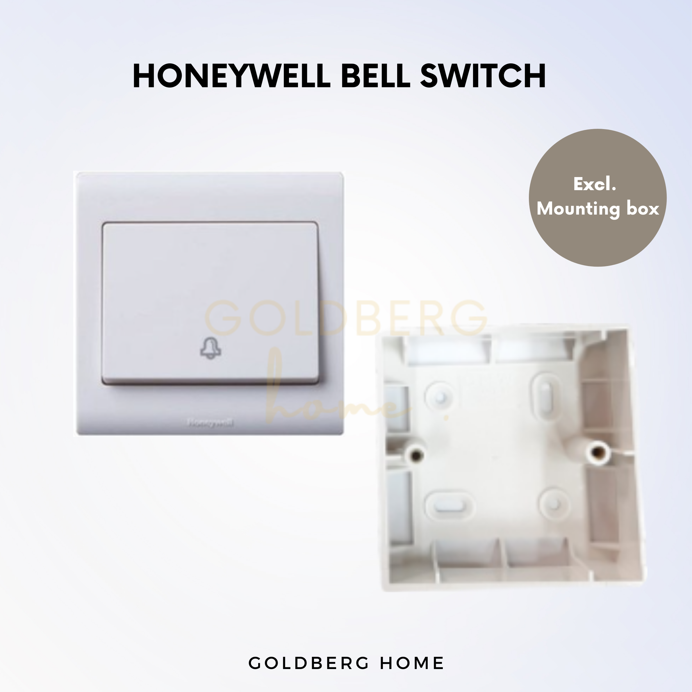Honeywell R Series white bell switch shown with compatible Goldberg Home mounting box.