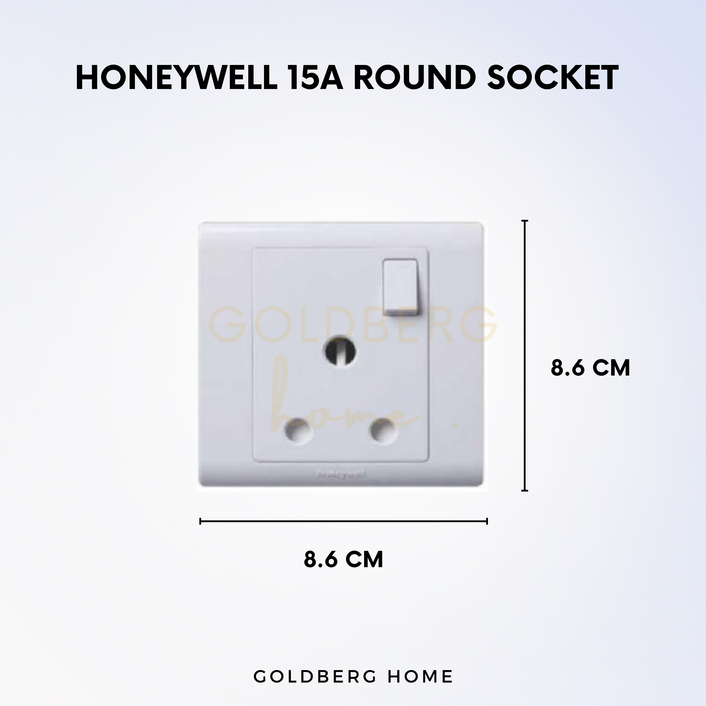 Detailed dimensions and electrical ratings for Honeywell R Series 15A white socket.